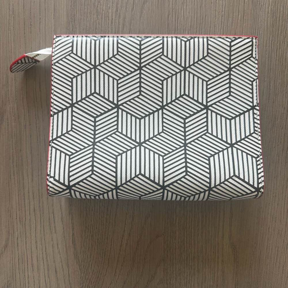 Sondra Robert’s Squared Geometric Black and White clutch with red interior